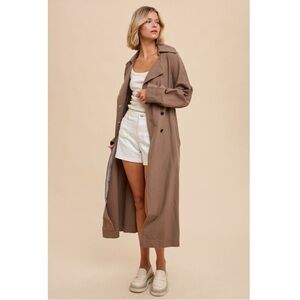 330 • Truffle Cotton Linen Blend Long Line Double Breasted Classic Trench Coat
